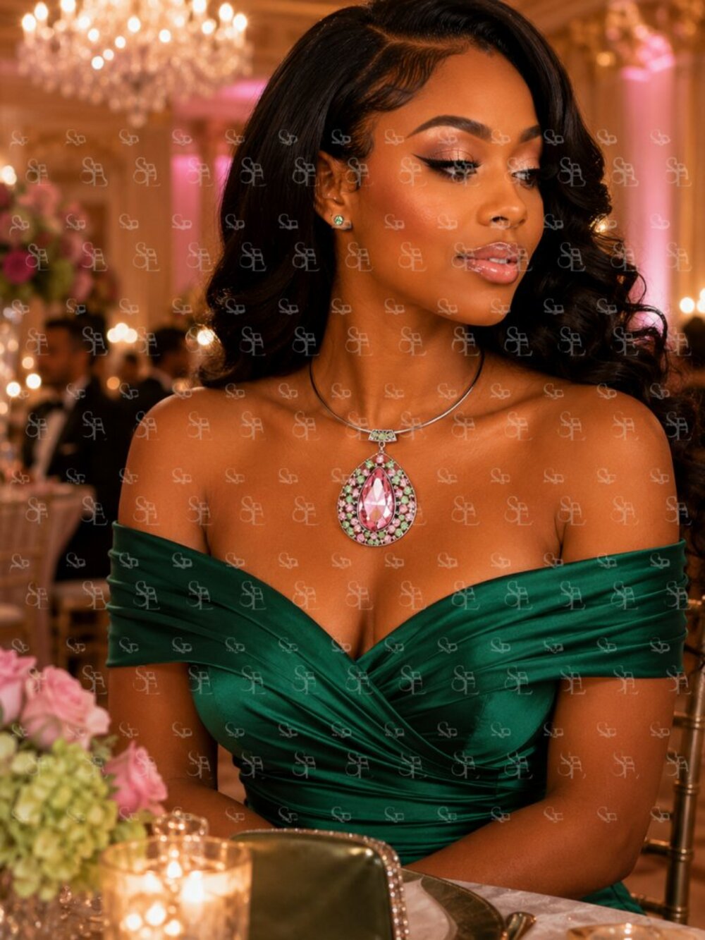 ✨ Pink Green Crystal Statement Necklace Set